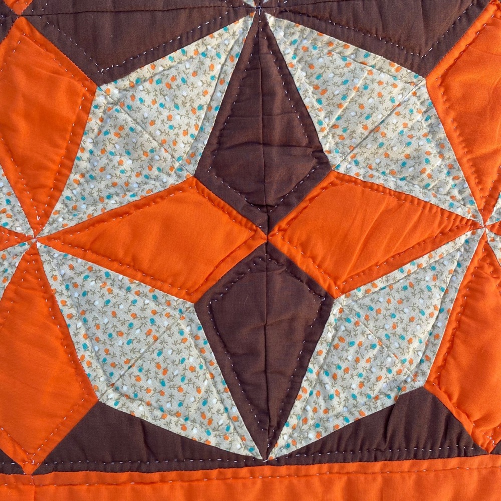 Vintage Handmade Patchwork Quilt Star Geometric Orange Brown Calico 70s Retro - Picture 3 of 15